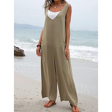 Womens Casual Loose Jumpsuits Boho Wide Leg Rompers Sleeveless Overalls with Pockets