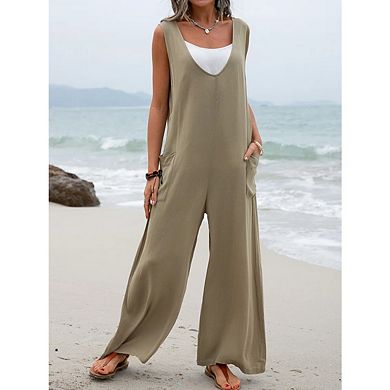 Womens Casual Loose Jumpsuits Boho Wide Leg Rompers Sleeveless Overalls with Pockets