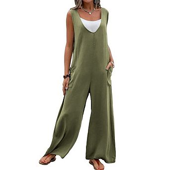 Womens Casual Loose Jumpsuits Boho Wide Leg Rompers Sleeveless Overalls with Pockets
