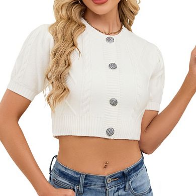 Women's Short Sleeve Crew Neck Knit Kni Button Casual Cropped Cardigan Top