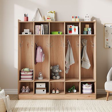 Kids Coat Locker Organizer with Hooks, 10-Cubby Storage Unit for Classroom, Nursery & Entryway