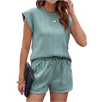 Women's 2 pc Outfits Sweatsuit Casual Short Sleeve Pullover Tops and Drawstring Shorts Pants Sets