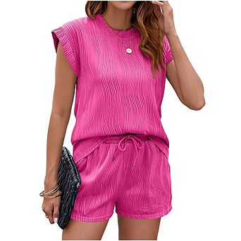 Women's 2 pc Outfits Sweatsuit Casual Short Sleeve Pullover Tops and Drawstring Shorts Pants Sets