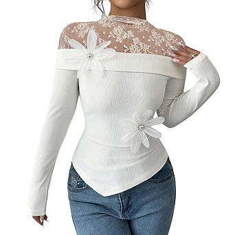 Women's Long Sleeve Off Shoulder Lace Flower Ribbed Asymmetric Hem Casual Top