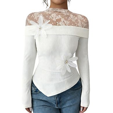 Women's Long Sleeve Off Shoulder Lace Flower Ribbed Asymmetric Hem Casual Top