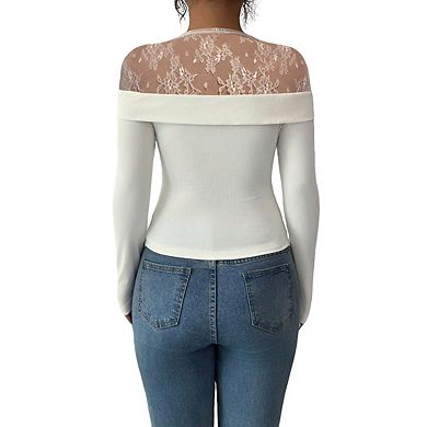 Women's Long Sleeve Off Shoulder Lace Flower Ribbed Asymmetric Hem Casual Top