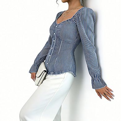 Women's Striped Puff Sleeve Blouse Square Neck Ruffled Peplum Top Button Front Shirt