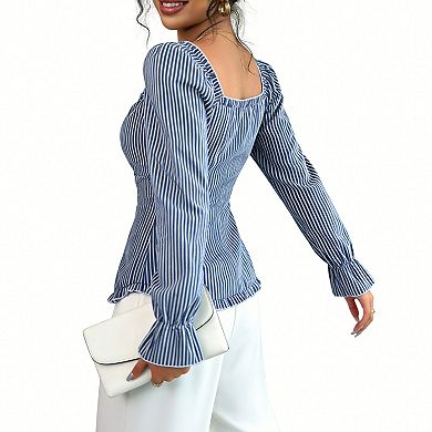 Women's Striped Puff Sleeve Blouse Square Neck Ruffled Peplum Top Button Front Shirt