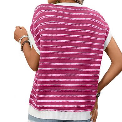 Women's Crew Neck Dolman Short Sleeve Striped Contrast Trim Relaxed Fit Knit Top