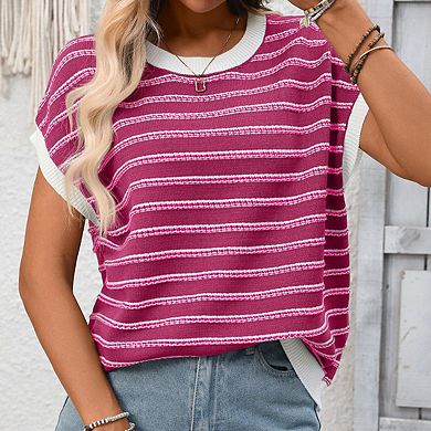 Women's Crew Neck Dolman Short Sleeve Striped Contrast Trim Relaxed Fit Knit Top