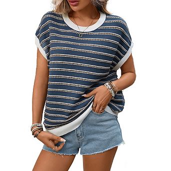 Women's Crew Neck Dolman Short Sleeve Striped Contrast Trim Relaxed Fit Knit Top