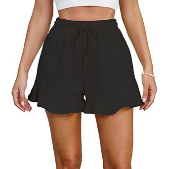 Women's Elastic Waist Drawstring Casual Shorts Ruffle Hem Summer Short Pants