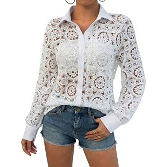 Women's Sheer Lace Long Sleeve Shirt Button-Front Collared Cover-Up Tunic Blouse
