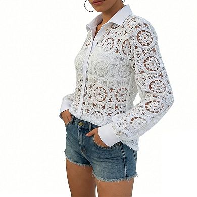 Women's Sheer Lace Long Sleeve Shirt Button-Front Collared Cover-Up Tunic Blouse