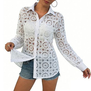 Women's Sheer Lace Long Sleeve Shirt Button-Front Collared Cover-Up Tunic Blouse