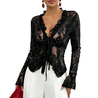 Women's Sheer Lace Long Sleeve Blouse Ruffled V-Neck Tie-Front Top Elegant Casual Shirt for Parties