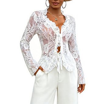 Women's Sheer Lace Long Sleeve Blouse Ruffled V-Neck Tie-Front Top Elegant Casual Shirt for Parties