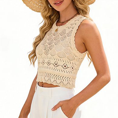 Women's Sleeveless Crochet Crop Top, Openwork Knit Tank Blouse, Casual Summer Beach Shirt