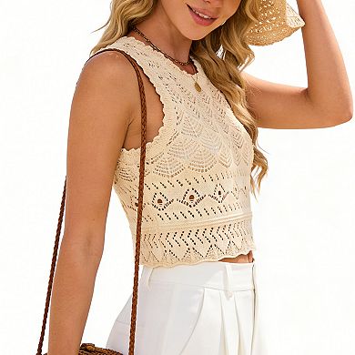 Women's Sleeveless Crochet Crop Top, Openwork Knit Tank Blouse, Casual Summer Beach Shirt