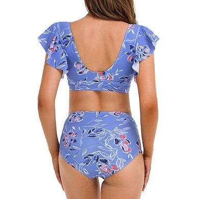 Women's Ruffle High Waisted Swimsuit Two Piece Tropical Print Swimsuit Push Up Bathing Suit