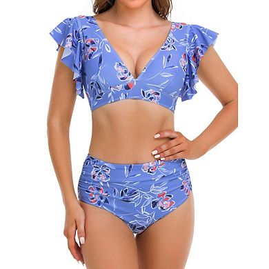 Women's Ruffle High Waisted Swimsuit Two Piece Tropical Print Swimsuit Push Up Bathing Suit