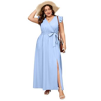 Women's Plus-Size Dress Ruffled Sleeves Crossover V-Neck Dress Slit Hem Midi Dress