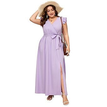 Women's Plus-Size Dress Ruffled Sleeves Crossover V-Neck Dress Slit Hem Midi Dress