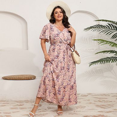 V-Neck Plus Size Maxi Dress - Floral Wrap Tiered Midi with Adjustable Belt