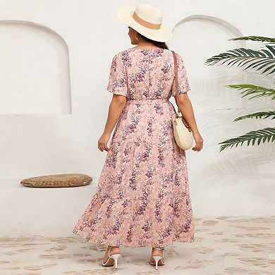 V-Neck Plus Size Maxi Dress - Floral Wrap Tiered Midi with Adjustable Belt