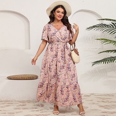 V-Neck Plus Size Maxi Dress - Floral Wrap Tiered Midi with Adjustable Belt