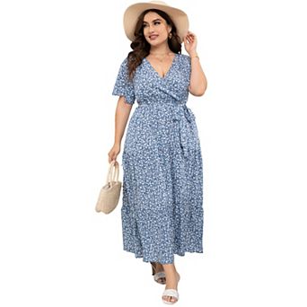 V-Neck Plus Size Maxi Dress - Floral Wrap Tiered Midi with Adjustable Belt