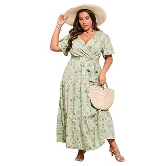 V-Neck Plus Size Maxi Dress - Floral Wrap Tiered Midi with Adjustable Belt