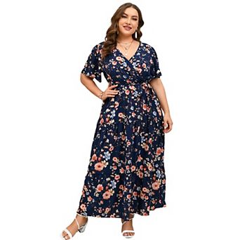 V-Neck Plus Size Maxi Dress - Floral Wrap Tiered Midi with Adjustable Belt