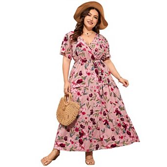V-Neck Plus Size Maxi Dress - Floral Wrap Tiered Midi with Adjustable Belt