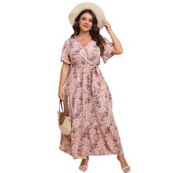V-Neck Plus Size Maxi Dress - Floral Wrap Tiered Midi with Adjustable Belt