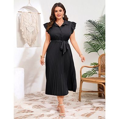 Womens Plus Size Casual Midi Dress Solid V Neck Short Sleeve Button Shirt Belted Dress Spring Summer