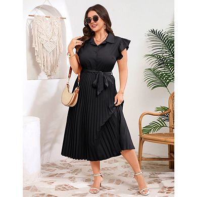 Womens Plus Size Casual Midi Dress Solid V Neck Short Sleeve Button Shirt Belted Dress Spring Summer