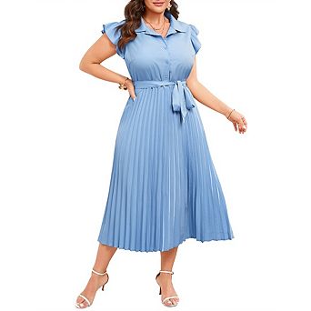 Womens Plus Size Casual Midi Dress Solid V Neck Short Sleeve Button Shirt Belted Dress Spring Summer