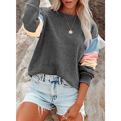 Womens Casual Crewneck Sweatshirt Oversize Striped Color Block Sweatshirt Long Sleeve Loose Pullover