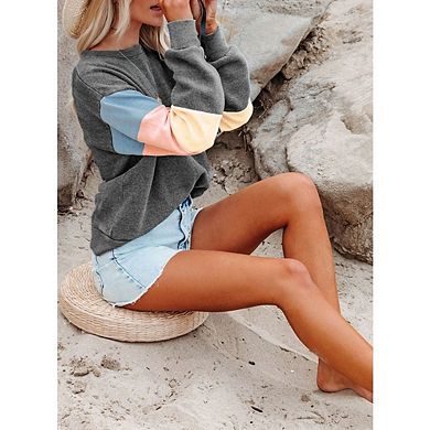 Womens Casual Crewneck Sweatshirt Oversize Striped Color Block Sweatshirt Long Sleeve Loose Pullover