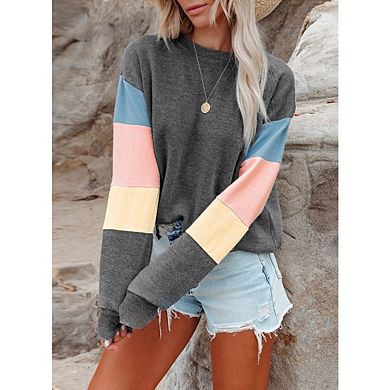 Womens Casual Crewneck Sweatshirt Oversize Striped Color Block Sweatshirt Long Sleeve Loose Pullover