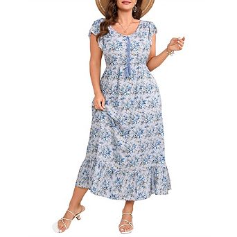 Women's Plus Size Casual Dress Floral V-Neck Aline Short Sleeve Summer Maxi Dresses with Pockets