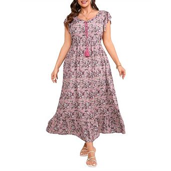 Women's Plus Size Casual Dress Floral V-Neck Aline Short Sleeve Summer Maxi Dresses with Pockets