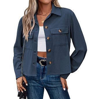 Womens Cropped Corduroy Jackets Button Down with Pockets Jackets Tops Lightweight Long Sleeve Coats