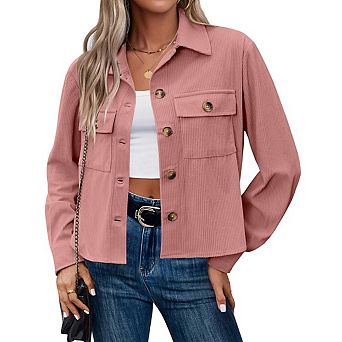 Womens Cropped Corduroy Jackets Button Down with Pockets Jackets Tops Lightweight Long Sleeve Coats