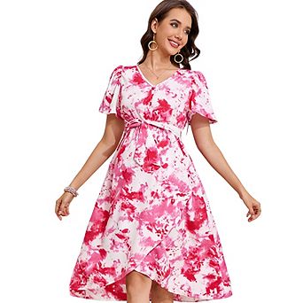 Maternity Short Sleeve V-Neck Button Printed Dress Elastic Waist Casual Dress Daily Versatile Dress