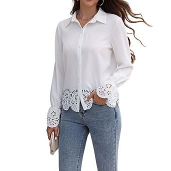 Women's Semi Sheer Embroidered Blouse Collar Neck Long Sleeve Scalloped Trim Shirts