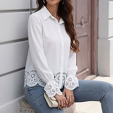 Women's Semi Sheer Embroidered Blouse Collar Neck Long Sleeve Scalloped Trim Shirts