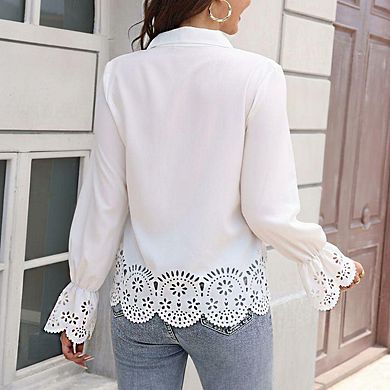 Women's Semi Sheer Embroidered Blouse Collar Neck Long Sleeve Scalloped Trim Shirts