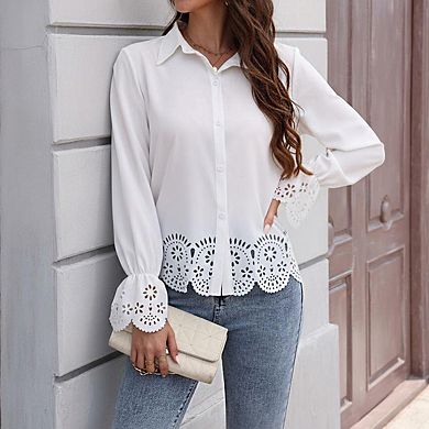 Women's Semi Sheer Embroidered Blouse Collar Neck Long Sleeve Scalloped Trim Shirts